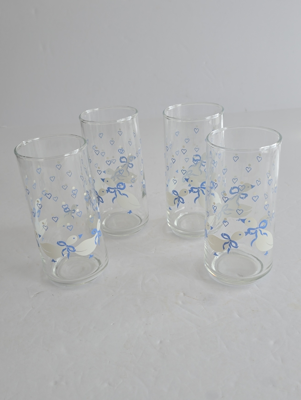 Vintage Libbey Set Of 4 Goose Duck Blue Bows Hearts Drinking Glasses Country